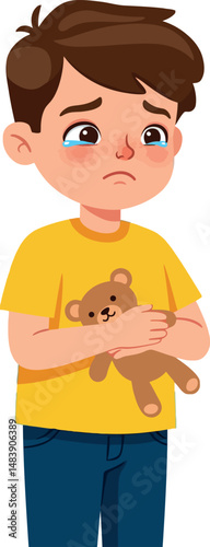 Sad little boy holding teddy bear in yellow shirt and blue jeans vector illustration 