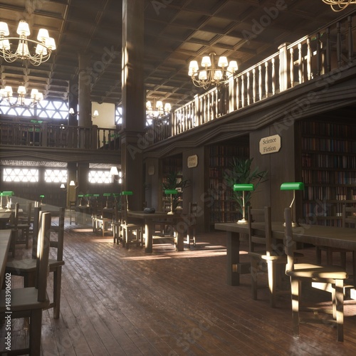 Spacious university library with empty seats, tables and soft light across tiled wood floor. Old library learning room featuring decorations, wooden shelves and calm atmosphere for student focus