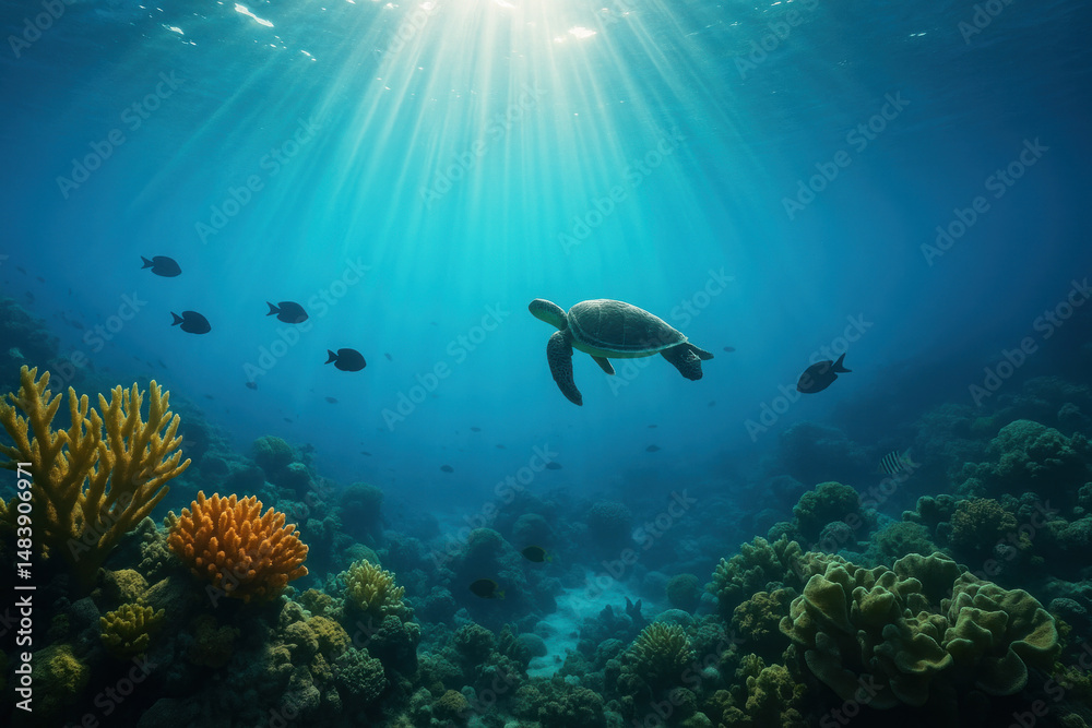 Fototapeta premium Turtle swimming among corals and fish in the ocean.
