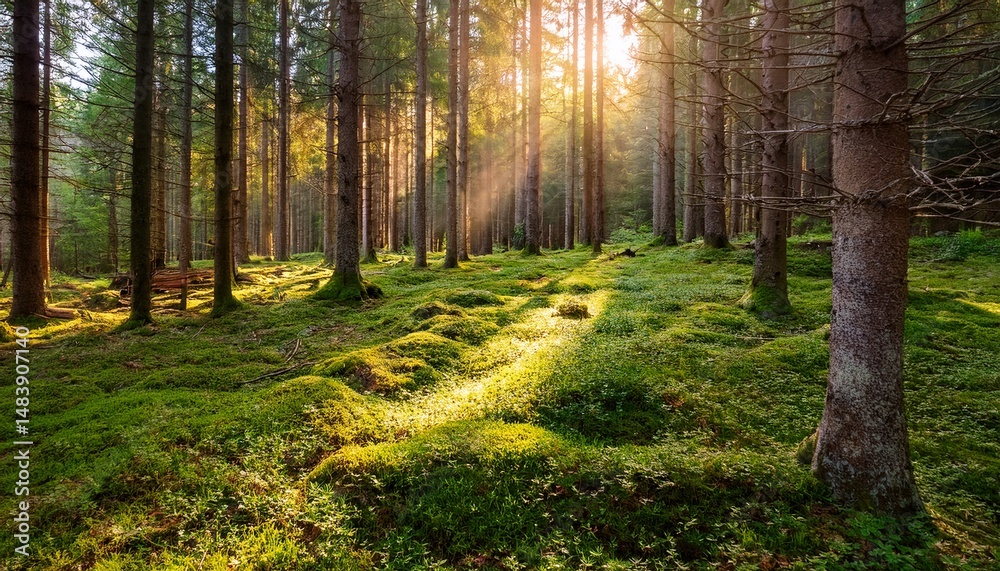 Fototapeta premium beautiful forest with moss covered soil and sunbeams through the trees