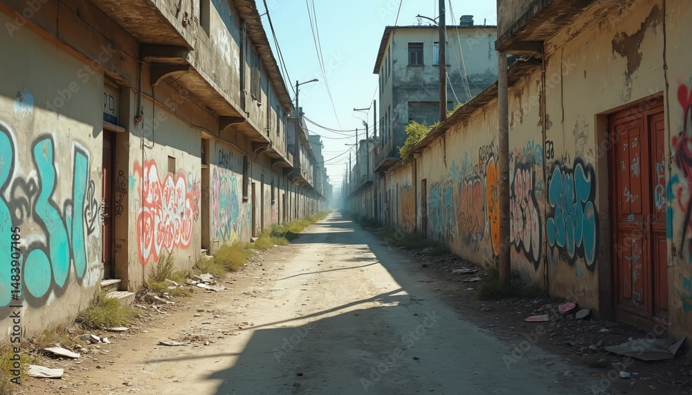 Fototapeta premium Urban alley scene marked with graffiti art. Walls tell stories of decay crime poverty. Abandoned buildings, empty street, conveys desolation, conflict aftermath, a gritty urban landscape.