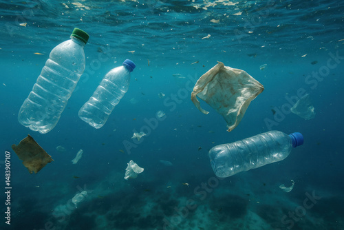Plastic bottles floating in ocean.