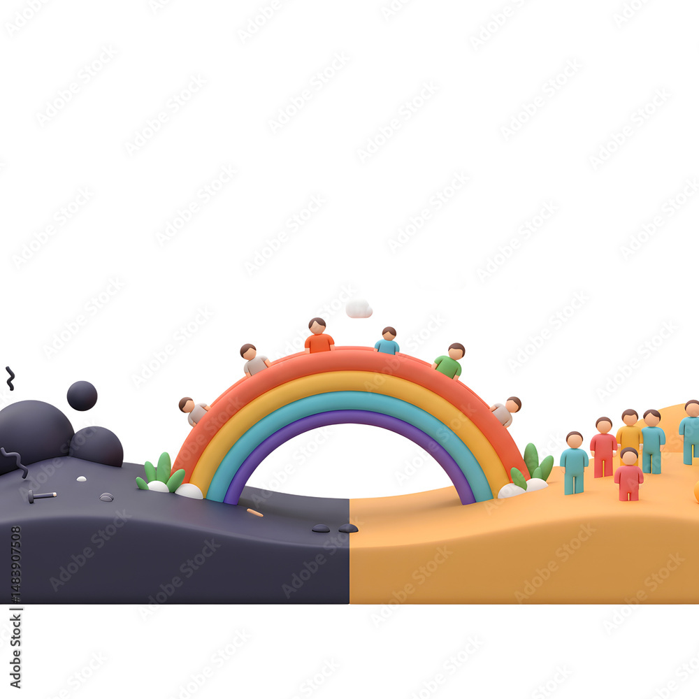 Obraz premium A rainbow bridge connects the dark side of sadness to the bright side of happiness, where people are gathered, illustrating the move from negative to positive emotions and outlook.