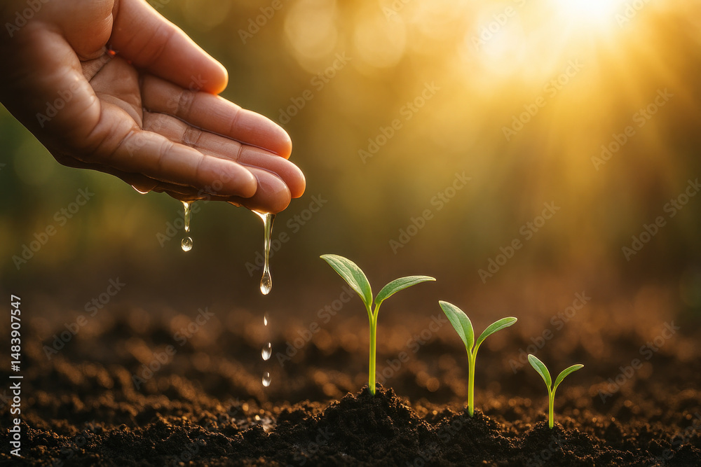 Fototapeta premium Hand holding small plant dripping water.