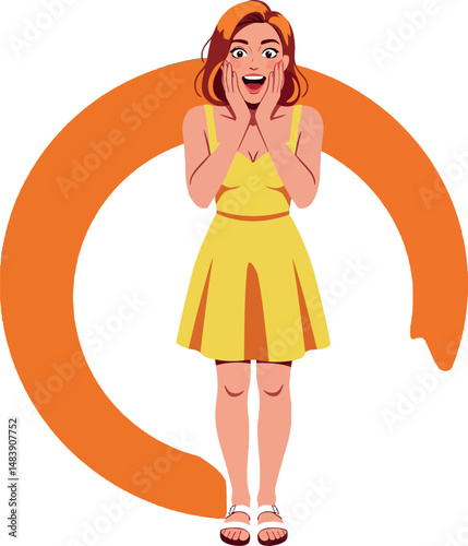Woman in yellow dress with surprised expression and orange circle background vector illustration 