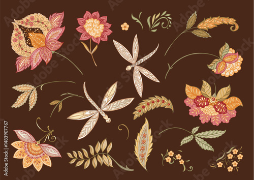 Fantasy flowers and dragonflies in retro, vintage, jacobean style. Clip art, set of elements for design Vector illustration.