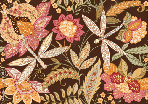Fantasy flowers and dragonflies in retro, vintage, jacobean embroidery style. Seamless pattern, background. Vector illustration.