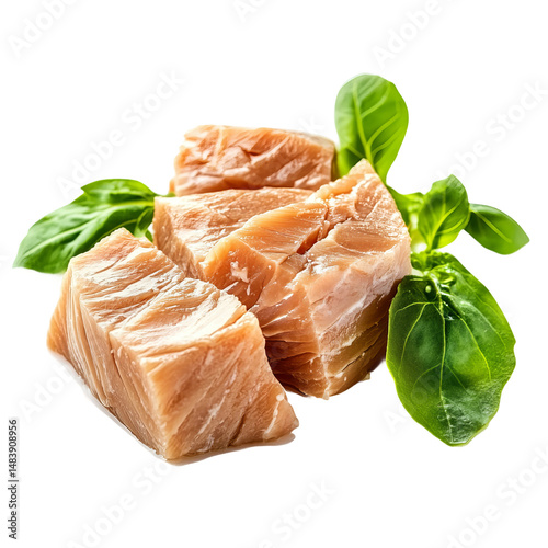 sliced canned tuna with fresh green garnish isolated
