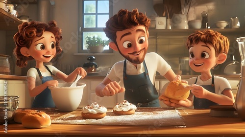 . A joyful scene of a family baking together in the kitchen, promoting creativity