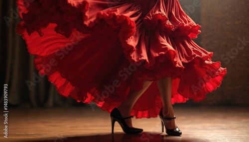 Flamenco dancer in vibrant red dress. Female footwork on stage, high heels. Passionate dance performance, movement. Spanish culture, art of dance. Elegant dress detail with frills.