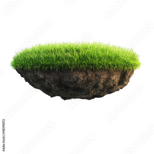 Floating grass island isolated on transparent background