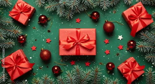 Christmas Composition with Red Gift Boxes, Ornaments and Fir Branches on Green Background

