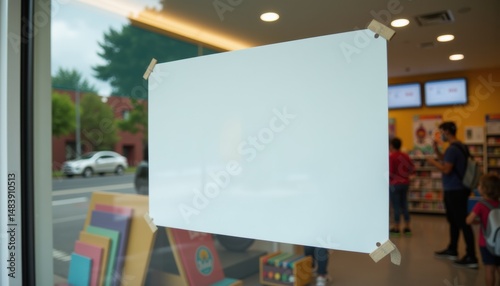 Blank white poster displayed in shop window with customers inside  