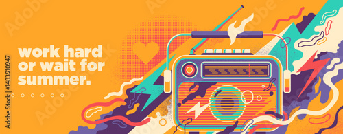 Abstract Summer Background with Retro Radio and Colorful Splashing Shapes. Vector Illustration