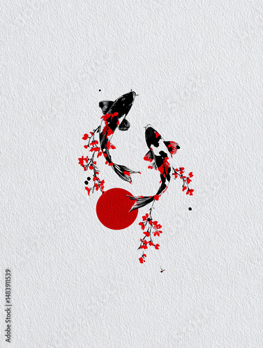 Koi Fish Water Red Flowers Illustration Japanese Floral Art Traditional Nature Design Oriental Two Beautiful Aquatic Minimalistic Spiritual Zen Harmony Serene Tranquil Wall Art