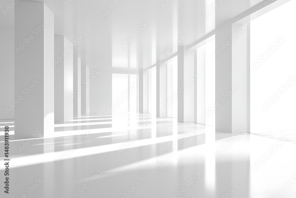 Fototapeta premium Bright white corridor with columns and light streaming through windows in minimalist architecture