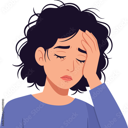 Woman with headache holding forehead in pain and fatigue vector illustration 