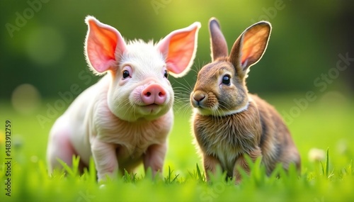 Wallpaper Mural A pig and a rabbit sitting side-by-side in a grassy field , outdoors, animals Torontodigital.ca