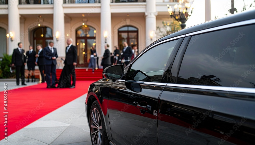 Fototapeta premium Matte Black Limousine in Front of Grand Hotel