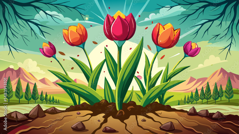 Awakening of Nature after winter. Leaves Tulip (Latin: Tulipa) make their way through the ground under the tree in early spring. Closeup.