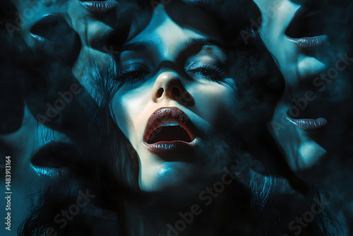 A woman with closed eyes and open mouth surrounded by other mouths in a blue toned dark setting