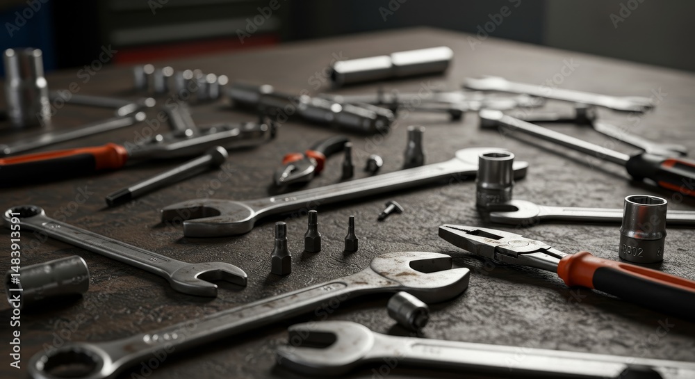 Fototapeta premium Mechanic's Tool Set on Workbench - Close-up of various hand tools neatly arranged on a dark gray workbench, ideal for mechanics, DIY projects, and repair work