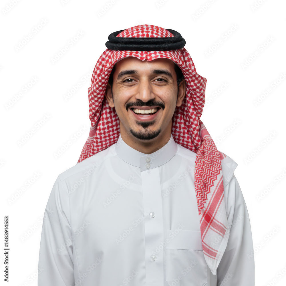 © Nahid - Smiling saudi man wearing traditional clothing isolated on transparent background © Nahid - Smiling saudi man wearing traditional clothing isolated on transparent background