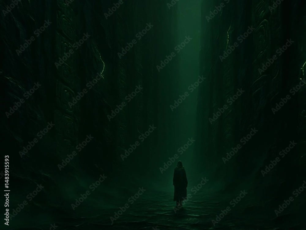 Lone figure walking through ancient green-lit corridor with glowing runes and towering monolithic walls in dark atmospheric ruins