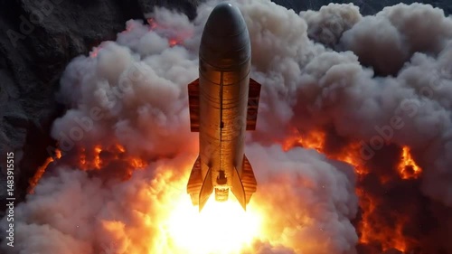 Close-up of a powerful nuclear missile launch with explosive fireball and blazing thrust captured from ground perspective