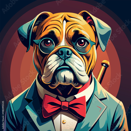Stylish bulldog dressed in formal attire with glasses and bow tie posing against a colorful background Generative AI