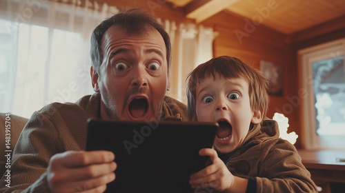 Astonished Father and Son React to Tablet Screen A Candid Lifestyle Photo