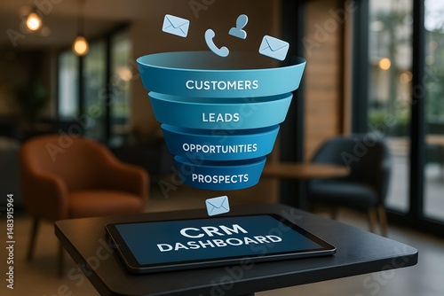 A hand holding a tablet projecting a CRM dashboard funnel illustrating customers, leads, opportunities, and prospects. Concept of sales pipeline management and client acquisition.