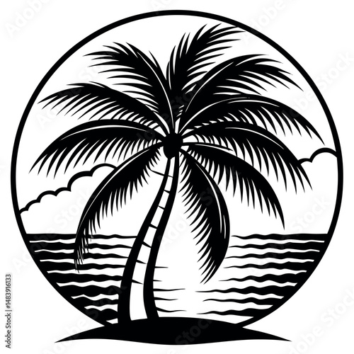 Palm tree silhouette against a calm ocean backdrop during sunset with clouds softly drifting in the sky Generative AI