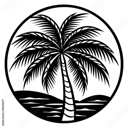Palm tree silhouette against a minimalist landscape with water and hills during a calm daytime scenario Generative AI
