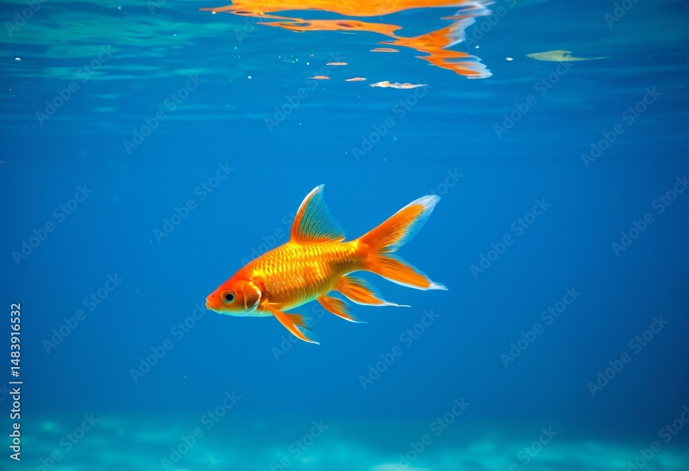 Naklejka premium A goldfish swimming in an aquarium with blue water.