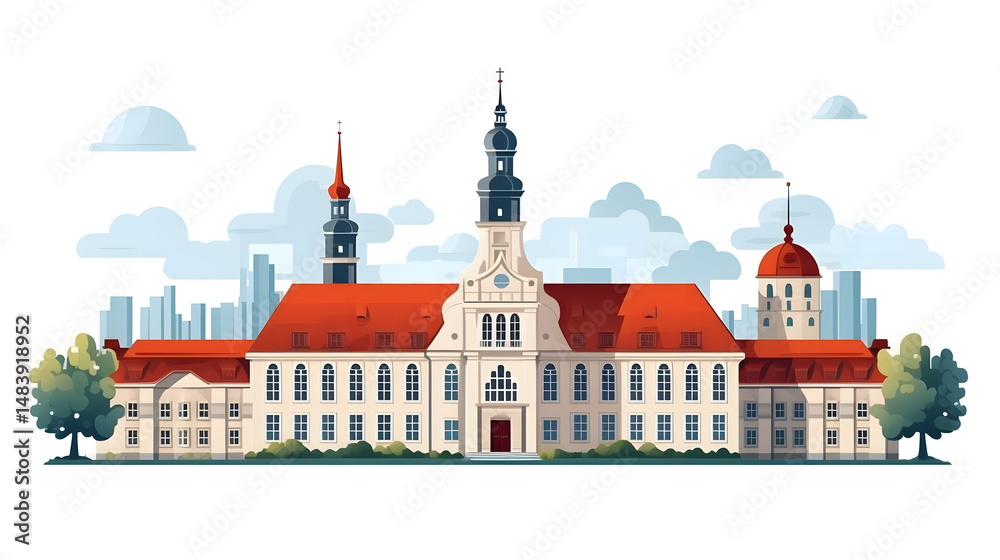 Fototapeta premium Historic European City Hall and Guildhouse with Red Roof Architecture Image
