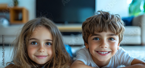 Happy smiling teeanger siblings watching tv or television while laying on floor at home - concept of enternatimnnet, bonding and weekend holidays