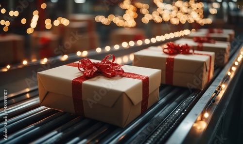 Closeup of cristmas gift box packages seamlessly moving along a conveyor belt in a warehouse. Cardboard, Gift, Christmas light concept