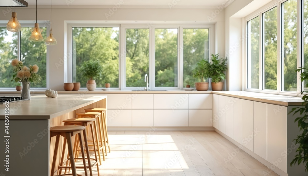 Fototapeta premium Modern bright kitchen interior design. White minimalist decor, wooden counter with bar stools. Green plants, natural light from big windows. Airy, clean, cozy home space.