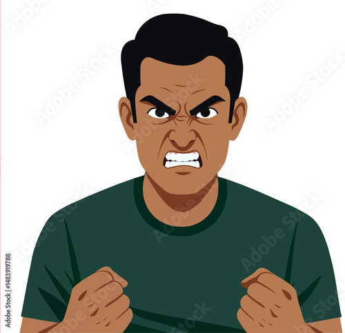 Angry man with clenched fists and dark green shirt expressing frustration vector illustration 