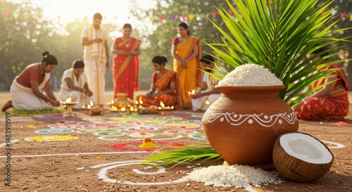 Pongal Festival: Indian Clay Pot and Coconut - A vibrant depiction of Pongal, a harvest festival. Symbolizing abundance, community, gratitude, tradition, and new beginnings photo
