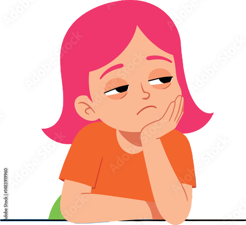 Girl with pink hair resting chin on hand looking bored vector illustration 