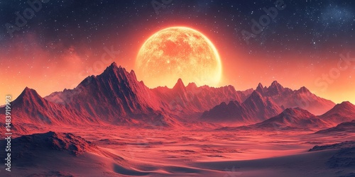 Mars landscape. a captivating red desert with mountains, stars, and 3D artwork, perfect for a space game cover or poster