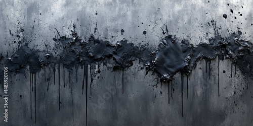 An artistic backdrop featuring a gray paper background with a black texture resembling splattered paint Various paint drops are displayed throughout