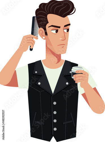 Man grooming hair with comb and scissors wearing black vest male hairstyle care vector 