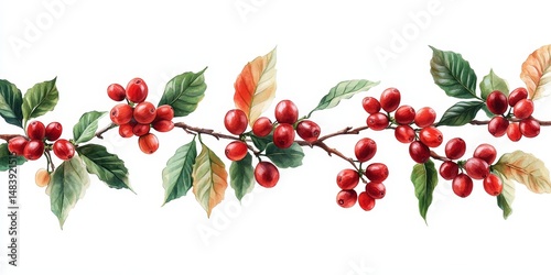 Red coffee beans and berries on a branch of a coffee tree ripe and unripe isolated on a white background
