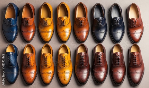 white background cutouts of classic formal occasion shoes collection Set of classical leather Cap Toe Oxfords and Wingtip brogue shoes in different styles and colors