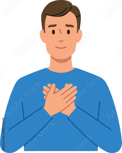 Man expressing gratitude with crossed hands over chest in blue long sleeve shirt vector illustration 