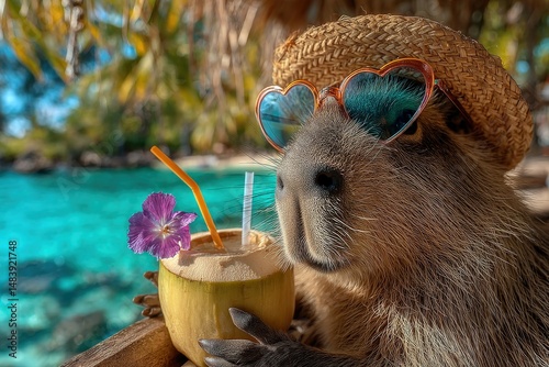 Capybara enjoying a refreshing coconut drink on a sunny beach with clear blue waters