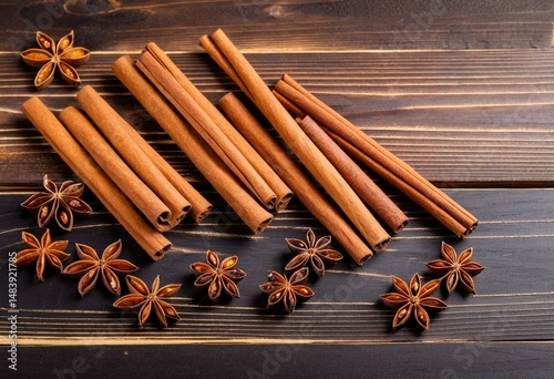A bunch of cinnamon sticks and star anise on a wooden surface.